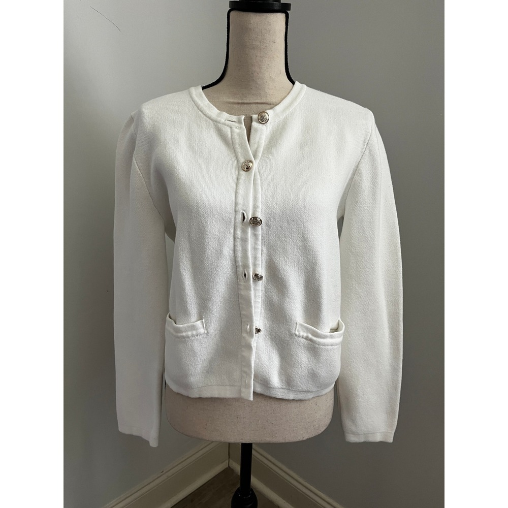 White Cotton Cardigan Sweater Small Gold Crest Button Preppy Old Money Office